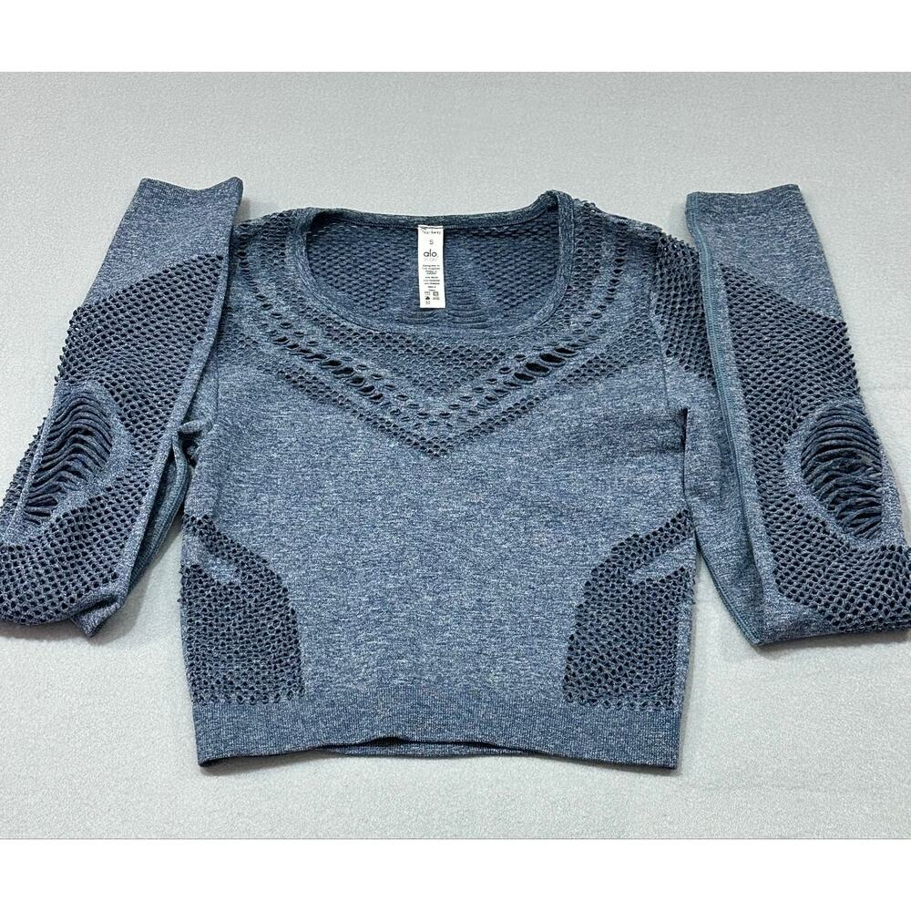 Alo Yoga Siren Long Sleeve Crop Top Heathered Blue Mesh Cutout Seamless Size S - Picture 4 of 7